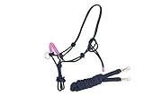 Brama West Knotenhalfter mit Zügel für Pferde - mit Snap-Karabiner und Strass - Navy/Pink - Gr. Cob
