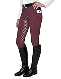 FitsT4 Sports Damen Reitleggings Silikon Vollbesatz Reithose mit Handytasche und Gürtelschlaufen, Burgundisch,M