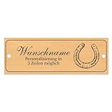 Dekolando Stallschild Boxenschild Hufeisen personalisierbar mit Wunschtext Pferd Pferde – Stalltafel aus Kunststoff in Holzoptik – 20 cm × 7,5 cm