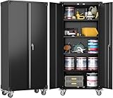 SUPEER Metallschrank mit Abschließbare Räder und 4 höhenverstellbaren Fachböden,Stahlblech Pulverbeschichtung,Stahlschrank Abschließbar für Werkzeuge,Garage183 x 80 x 40 cm（schwarz）