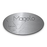 Pferdeschild mit Gravur aus Edelstahl | Namensschild Boxenschild Premium Stallschild mit Bohrlöcher oder selbstklebend 15x8 cm oval mit Brandzeichen und Motiven Ideal für den Stall Pferdebox… (D17)