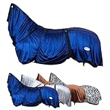 RL24 - Ekzemerdecke mit Halsteil & Bauchlatz – Fliegendecke z. Schutz vor Insekten – feinmaschiges Gewebe, doppelter Frontverschluss & Beinschnüre – Outdoor-Pferdedecke in Nachtblau – 155cm