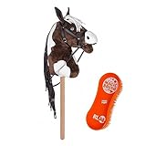 RL24 HKM - Hobby Horse inkl MagicBrush | Steckenpferd mit Trense | Spielpferd aus Plüsch mit Holzstock & Langer Mähne | Stockpferd ohne Griffe & Rollen | braun/weiß