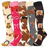 Sintege 5 Paar Pferd Socken für Damen Lange Reitsocken Bunte Kniestrümpfe mit Tiermuster Lustiges Geschenk für Pferdeliebhaber Reiter