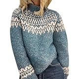 Fairisle-Pullover für Damen, Island-Pullover, weich, nordische Tunika, Tops, Rundhalsausschnitt, Herbst, Winter, warmer Pullover, Vintage-Isle-Druck, Jacquard-Strickwaren, hellblau, XXL