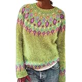 Islandpullover Damen Women's Knitted Isle Print Retro Sweater Casual Loose Crewneck Long Sleeve Lightweight Cropped Pullover Tops Pullover Clips Kinder (Yellow, M)