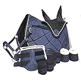 German Riding Perfect Match Schabracke Set Hufglocken Halfter Fliegenhaube Bandagen Gamaschen Glitzer (Pony, Dunekelblau)