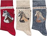WOWERAT KINDER SOCKEN „Pferde Classic“ 3er-Bündel (Gr.35-38, rot-beige-jeans)
